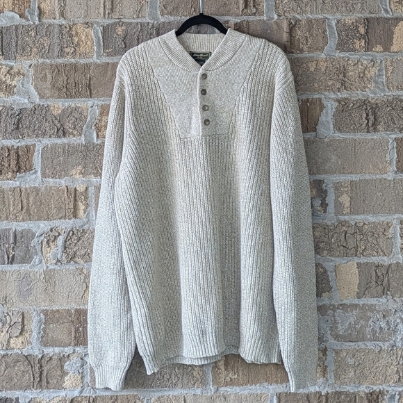 Vintage 90s Eddie Bauer Light Tan Shaker Stitch Henley Sweater Size Large TALL - Picture 1 of 7